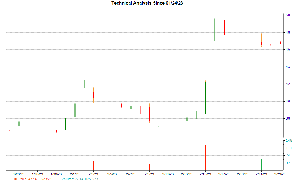1-month candlestick chart for PEGA